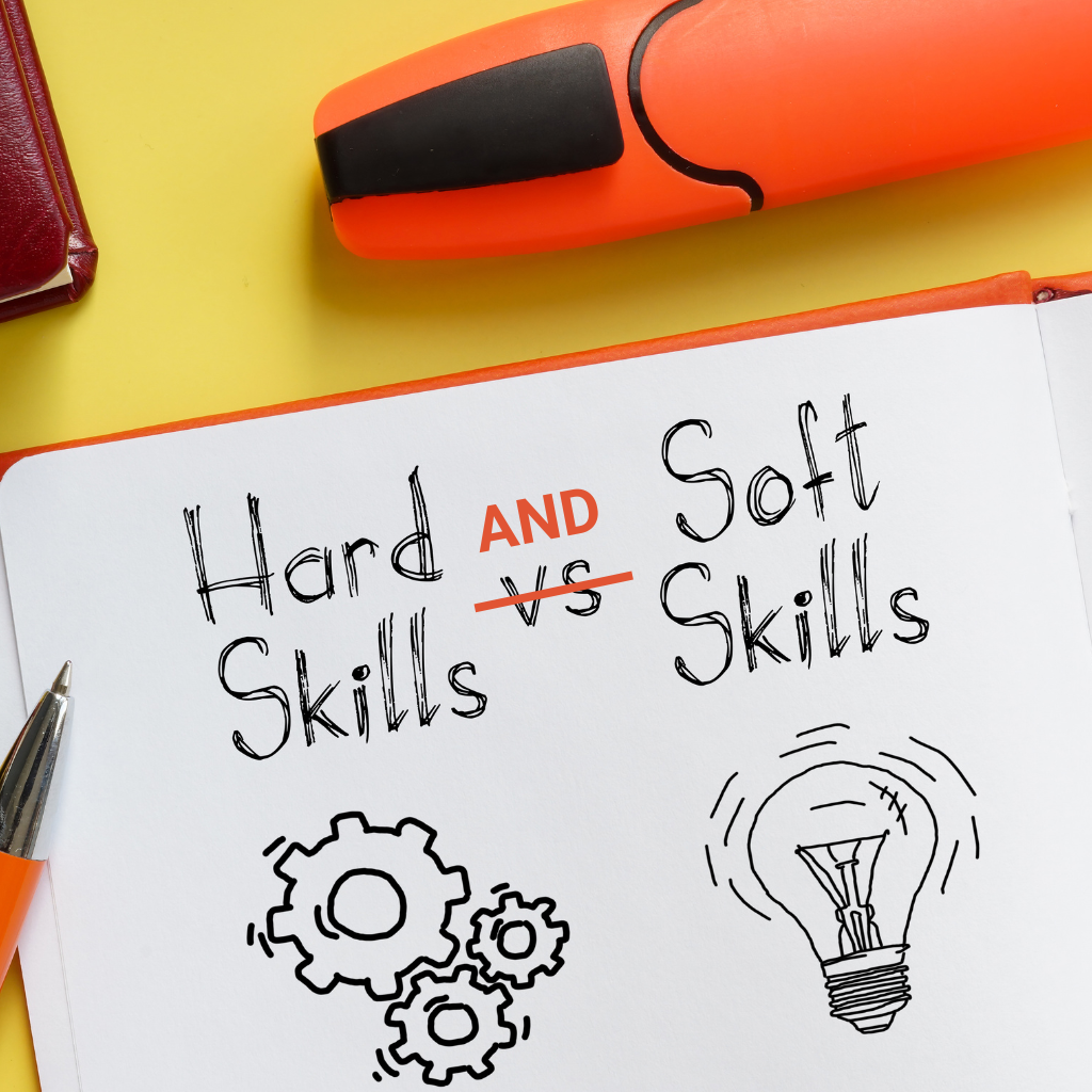 A notebook with hand-written words that reads Hard Skills and Soft Skills.
